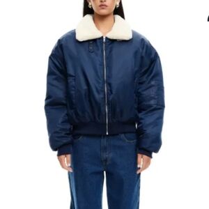 Lioness Navy Puffer Jacket with Cream Collar